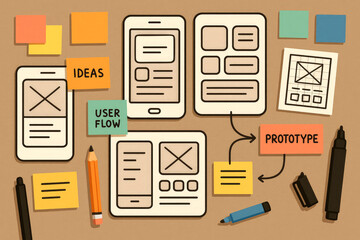 Mobile app wireframes and sticky notes for design sprint mobile app design user flow