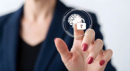 Woman touching a brain and padlock icon on a screen with her finger closeup view on transparent background