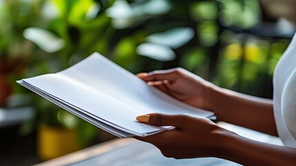 A person holding blank sheets of paper in a vibrant indoor setting with lush green plants in the background, suggesting a moment of creativity or planning