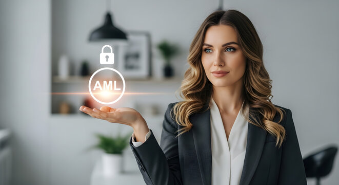 Woman in suit presenting aml icon with padlock on her palm in a bright interior on transparent background