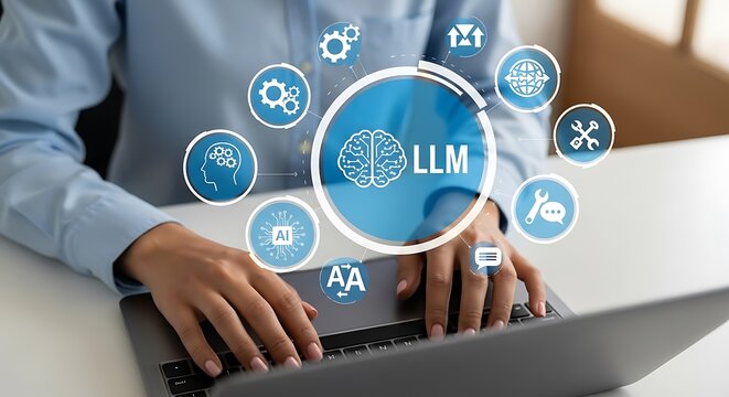 Person typing on laptop with A I technology interface artificial intelligence large language model - Powered by Adobe