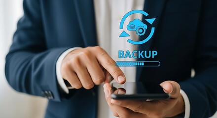 Person using smartphone for data backup progress technology