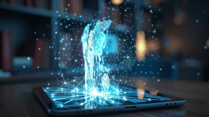 Digital world map projection emerging from smartphone and tablet devices symbolizing global connectivity, digital innovation, and futuristic