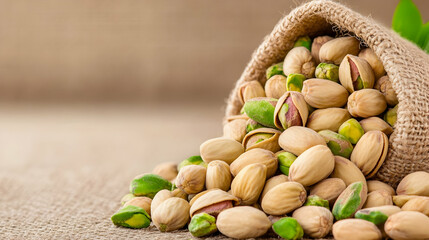 Fresh organic pistachio nuts with green leaves on a wooden table make a healthy gourmet snack.