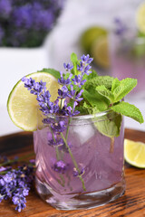 Mojito cocktail with lavender and mint aroma. Summer refreshing drink