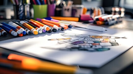 A vibrant workspace filled with colorful markers and pens, showcasing a partially colored drawing of a rocket, with various art supplies scattered across a wooden desk