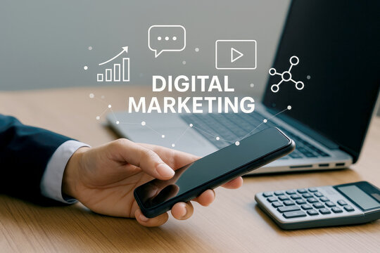 Person holding smartphone near laptop and calculator with digital marketing icons