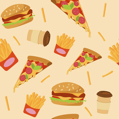 Seamless pattern burgers, pizza slices, french fries, and coffee cups. For street food designs, packaging, menu covers, and snack bar decoration.
