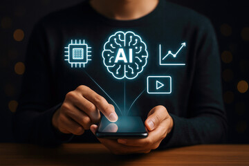 Person interacting with digital artificial intelligence interface technology digital interface