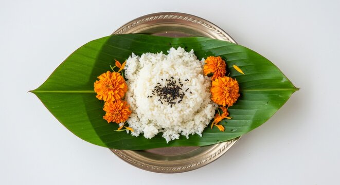banana leaf with rice, black sesame and flowers for shraddha ritual, top view, soft shadows
