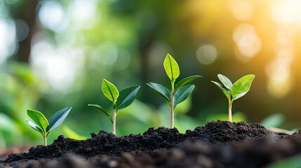 Four young green plants growing in rich soil, symbolizing growth and renewal, surrounded by a blurred natural background with warm sunlight filtering through trees