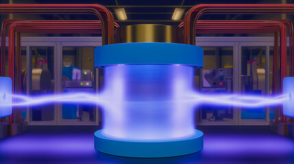 Obraz premium Energy Fusion: A close-up view showcases a scientific marvel: the intricate process of energy fusion, with a vibrant display of electrical arcs pulsing through the core of a modern machine.