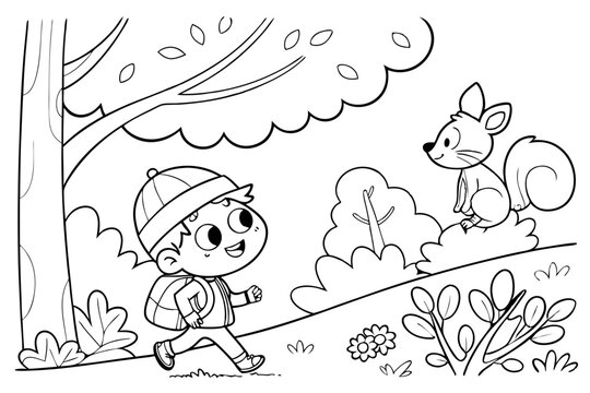 an adventurous child is walking in the forest for coloring book, coloring page, kids