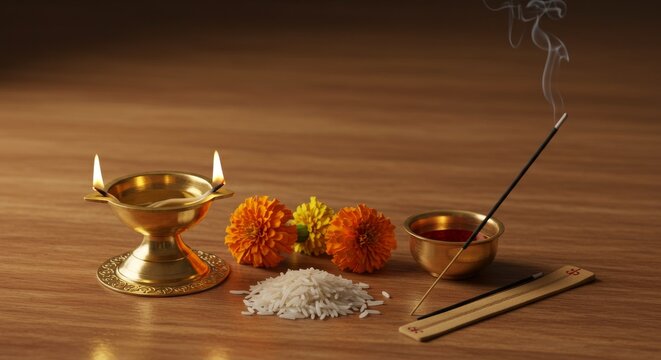 flat layout of Pitru Paksha items including brass lamp, rice, diya, flowers, incense sticks on wooden background