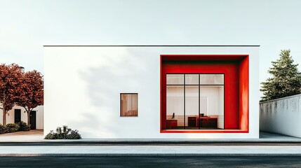 Modern minimalist building with a striking red accent, featuring large glass windows, surrounded by greenery and a clear sky, showcasing contemporary architectural design