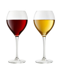 Red and white wine glasses isolated on white background