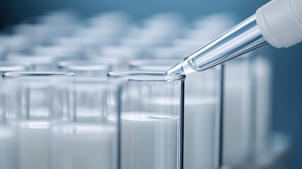 Milk Factory, Close-up of milk in beakers and pipettes, showcasing laboratory tools and fluid dynamics in a scientific setting.