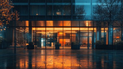 Modern urban building facade illuminated at night with reflections on wet pavement, showcasing a vibrant atmosphere and contemporary design elements in the city