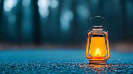 An enigmatic nighttime scene in a magical forest with a vintage lantern glowing amid the fall foliage
