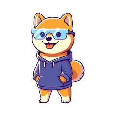 Cute Shiba Inu Dog Wearing Hoodie and Glasses Cartoon Illustration