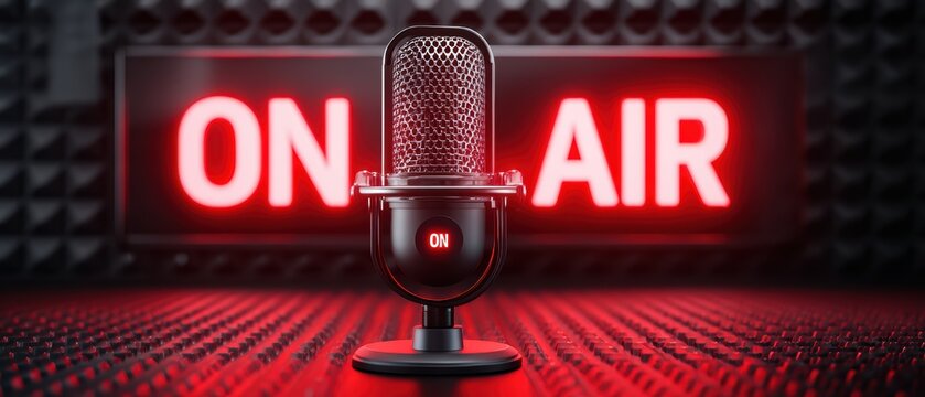 A classic microphone stands in front of a glowing "ON AIR" sign, indicating a live broadcast in a professional studio setting