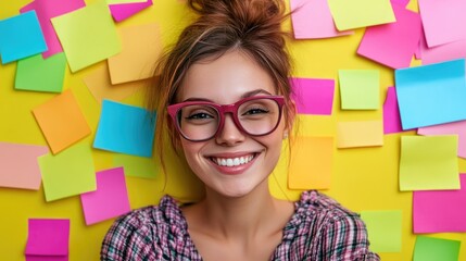 A cheerful young woman with glasses smiles brightly against a vibrant yellow background filled with colorful sticky notes, suggesting creativity and positivity in a workspace