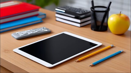 Educational workspace with digital tablet and school supplies