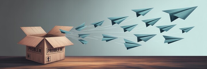 Fototapeta premium Conceptual image of paper planes flying out of an open box, symbolizing innovation and creativity.