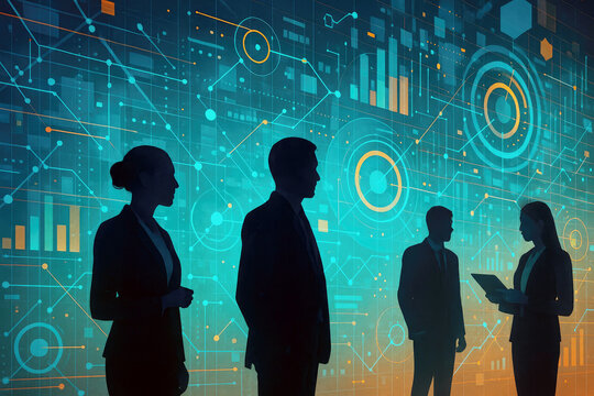 Silhouettes of business people collaborating against a digital data visualization
