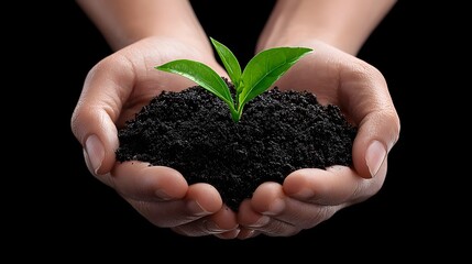 Caring hands nurturing a young plant in soil.