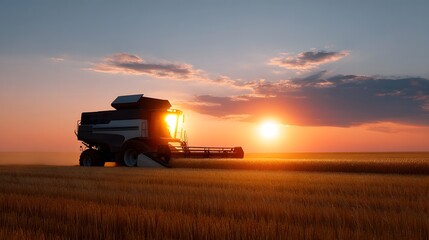 Fototapeta premium Combine harvester working in a wheat field at sunset