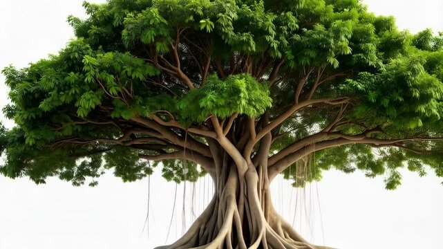 Majestic banyan tree sprawling with aerial roots and dense green leaves against clean white background in botanical landscape.