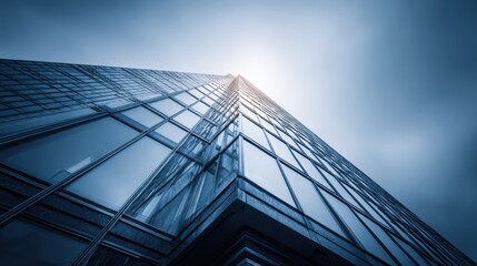Obraz premium Modern glass skyscraper viewed from below with dramatic lighting and a blue, cloudy sky