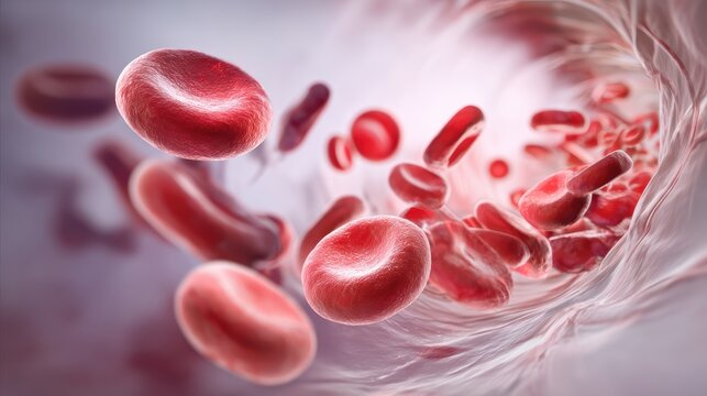 Red blood cells flow through a blood vessel, illustrating circulation and the microscopic structure of the human bloodstream