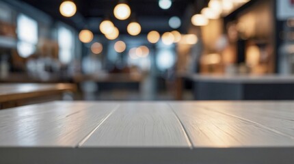 Fototapeta premium Modern cafe interior with warm lighting and wooden tables in a lively atmosphere