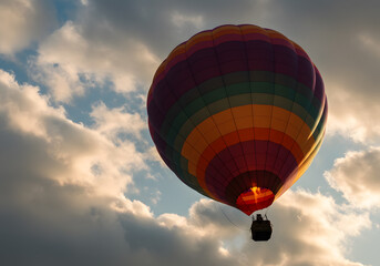 Fototapeta premium Colorful hot air balloon in cloudy sunset sky