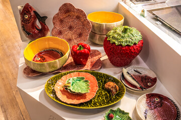 Traditional ceramic crockery at souvenir store in Funchal, Madeira, Portugal