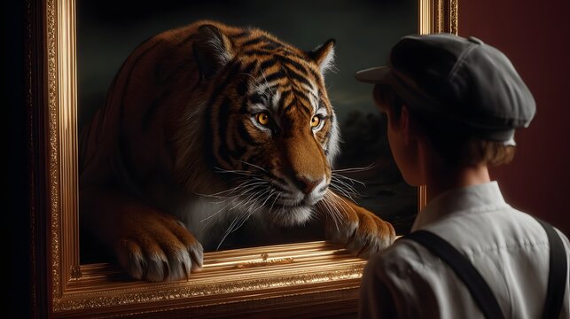 A tiger's fierce reflection in a frame. long_title:A captivating image of a powerful tiger gazing intensely through a framed glass pane, its striking