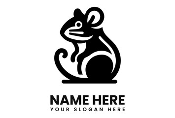 Stylized black silhouette of a mouse sitting, with a curled tail, above placeholder text for a name and slogan.