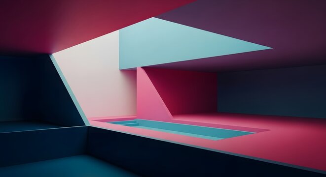 Abstract interior design with vibrant colors and geometric shapes, showcasing a modern architectural space.