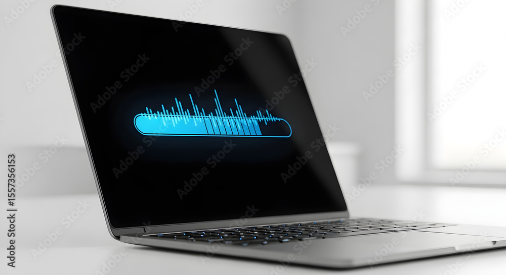 Fototapete Laptop displaying a blue waveform on a black screen with a bright background light on transparent background