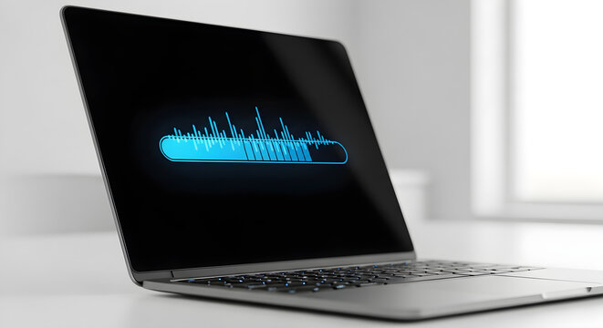 Laptop displaying a blue waveform on a black screen with a bright background light on transparent background