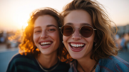Two Female Friends Skating at Sunset in a Skate Park