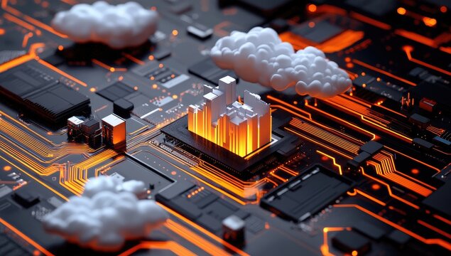 Cityscape within a glowing CPU, cloud computing concept