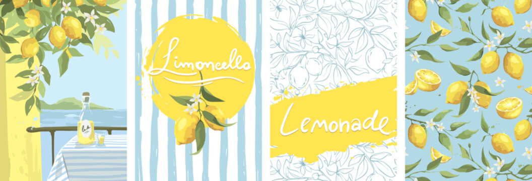 Summer trip to Italy. Lemonade and limoncello. Summer and Mediterranean themed design set. Hand drawn vector illustration in watercolor style.