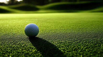 A golf ball resting on a green, textured putting surface with a long shadow cast by sunlight in the early morning or late afternoon.