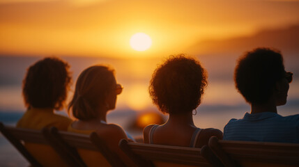 Friends relaxing on sunbeds at the beach during sunset