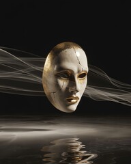 Elegant silver mask floating with ethereal light, reflecting on dark water surface.