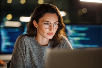 A focused woman with glasses works intently at her computer, illuminated by screens displaying code in a modern workspace