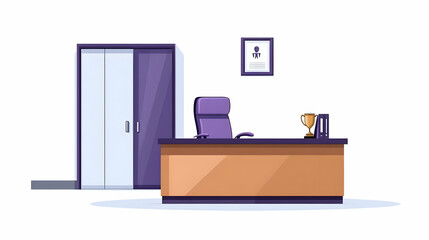 Contemporary main office interior featuring desk chairs, bookshelves, and an illustration of sports trophies